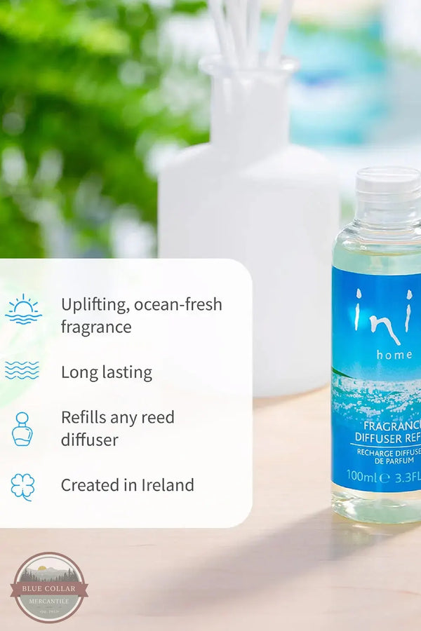 Inis 8017246 Fragrance Diffuser Refill 3.3 fl. oz., A bottle of Blue Collar 'home' fragrance diffuser refill next to a white reed diffuser bottle, with a text overlay detailing product features on a light beige surface with a blurred green and blue background.