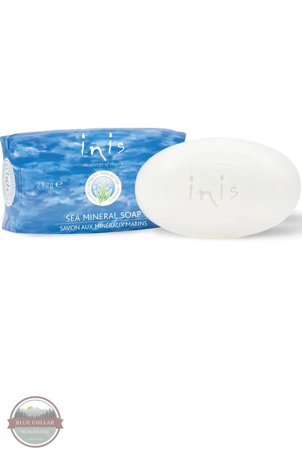Inis 8018618 Sea Mineral Soap Bar, Large A bar of Inis Sea Mineral Soap shown next to its blue packaging box on a white background, with a Blue Collar Wholesale watermark in the bottom-left corner.