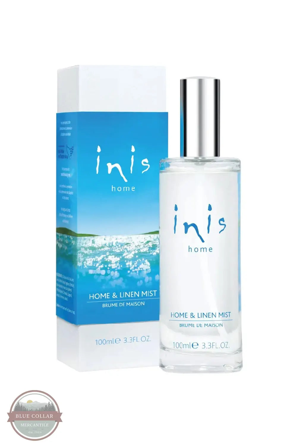 Inis 8020901 Home & Linen Mist 3.3fl. oz., Inis Home Home & Linen Mist perfume bottle and its blue and white packaging box, shown on a white background with a Blue Collar Wholesale watermark in the corner.