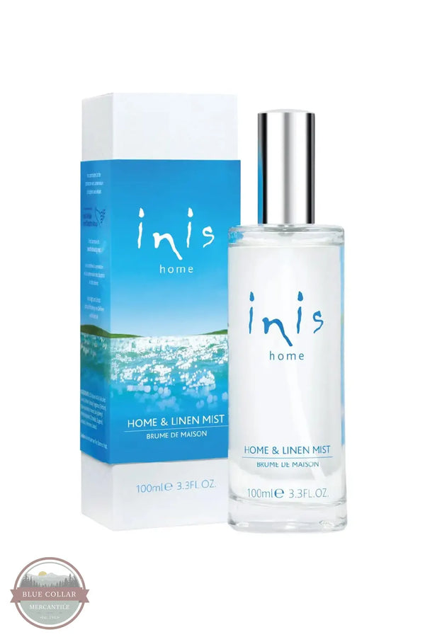 Inis 8020901 Home &amp; Linen Mist 3.3fl. oz., Inis Home Home & Linen Mist perfume bottle and its blue and white packaging box, shown on a white background with a Blue Collar Wholesale watermark in the corner.