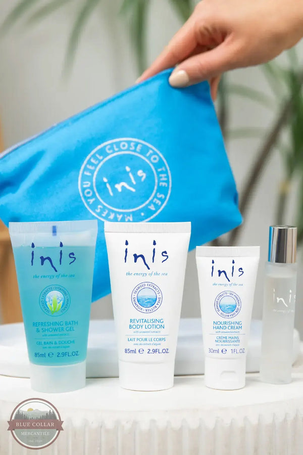Inis 8021236 Voyager Gift Set | Traveler Size shown on table with products included spread out