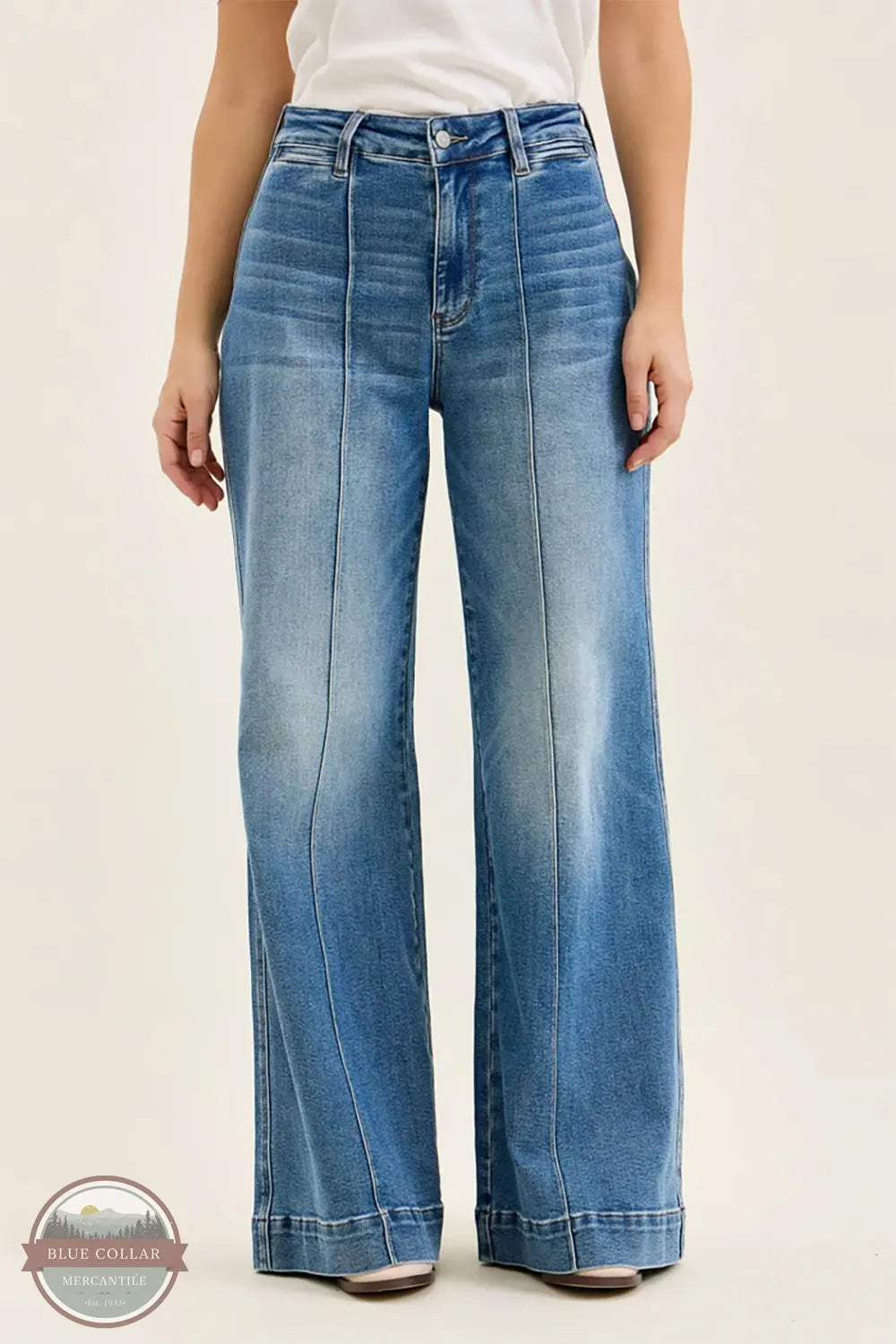 881160 Liza High Waisted Wide Leg Palazzo Medium Denim Jeans | Judy Blue front view of jean