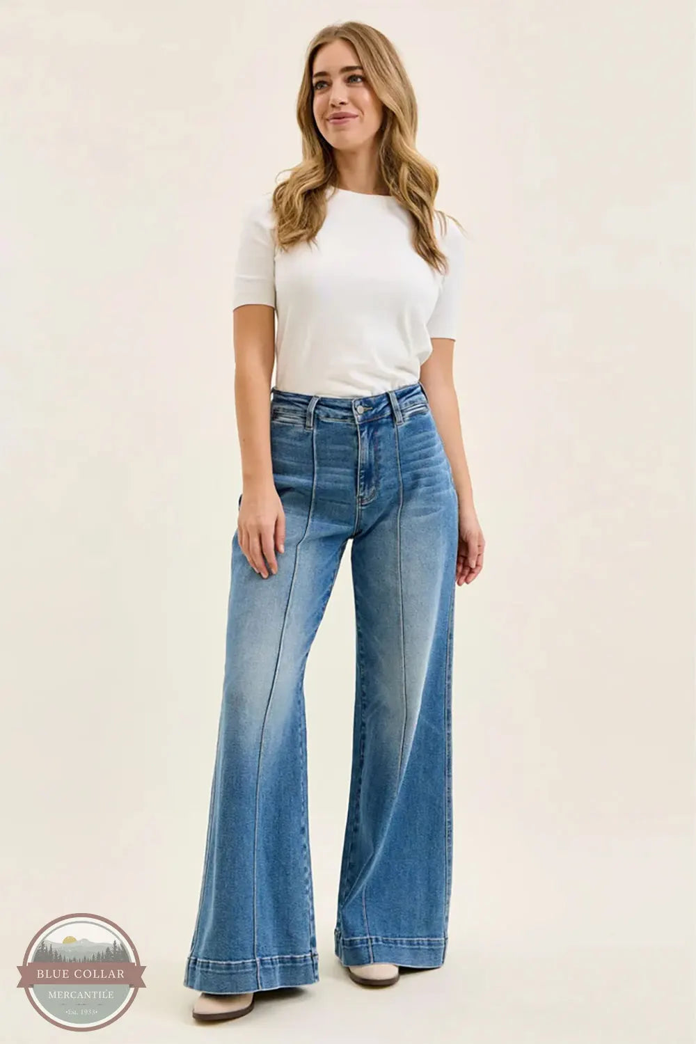 881160 Liza High Waisted Wide Leg Palazzo Medium Denim Jeans | Judy Blue full model image with front of jean