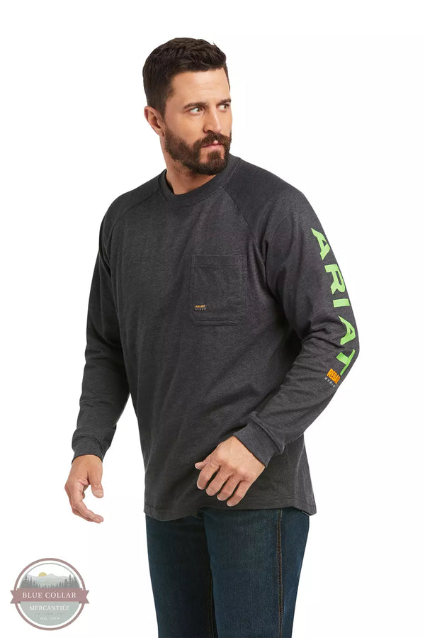 Ariat 10037642 Rebar Cotton Strong Graphic Long Sleeve T-Shirt in Charcoal Heather / Lime Front View
