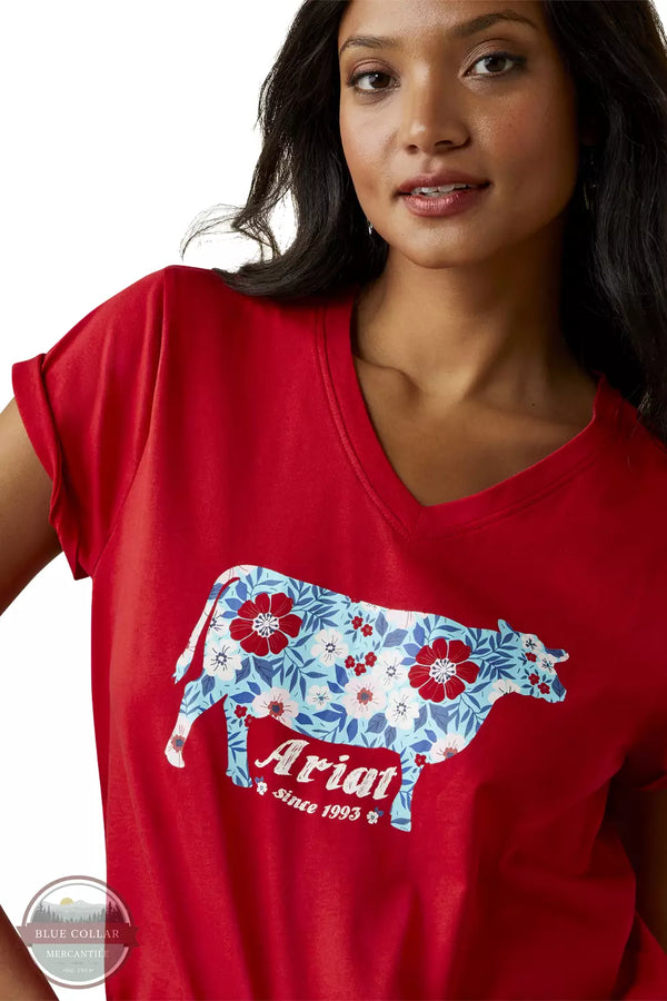 Ariat 10045086 Flower Cow T-Shirt in Equestrian Red Detail View