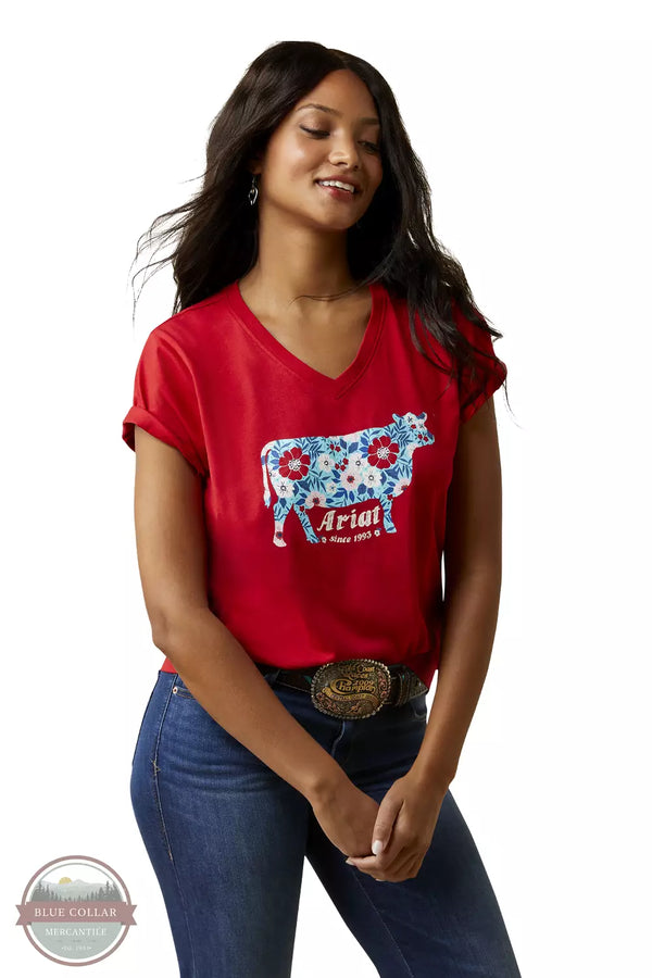 Ariat 10045086 Flower Cow T-Shirt in Equestrian Red Front View