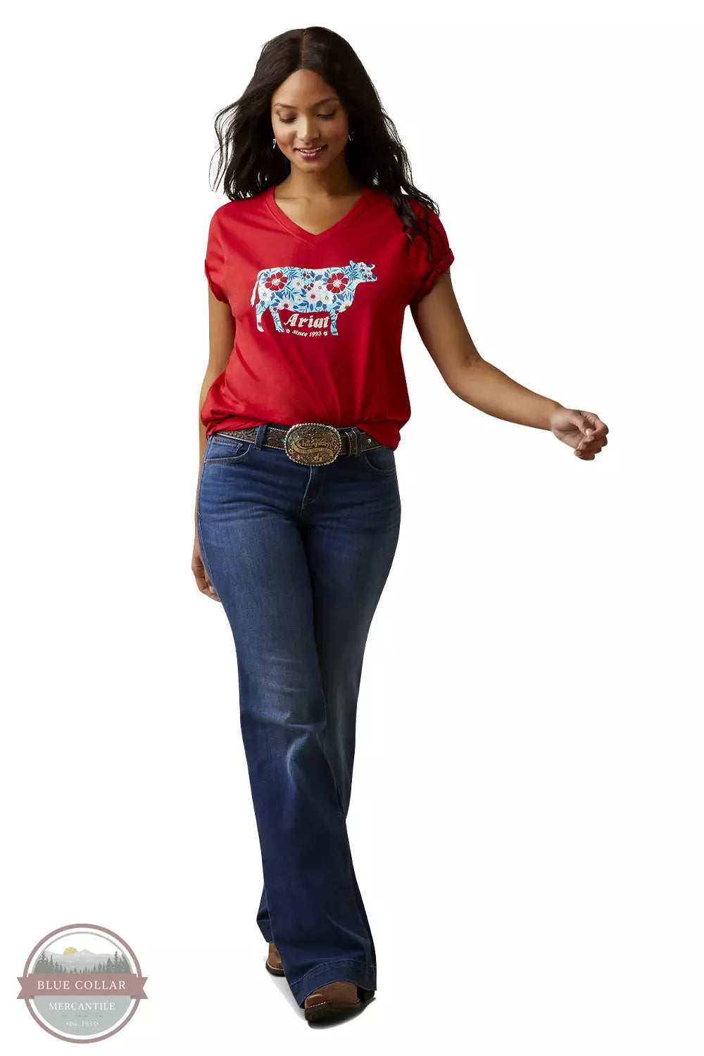 Ariat 10045086 Flower Cow T-Shirt in Equestrian Red Full View