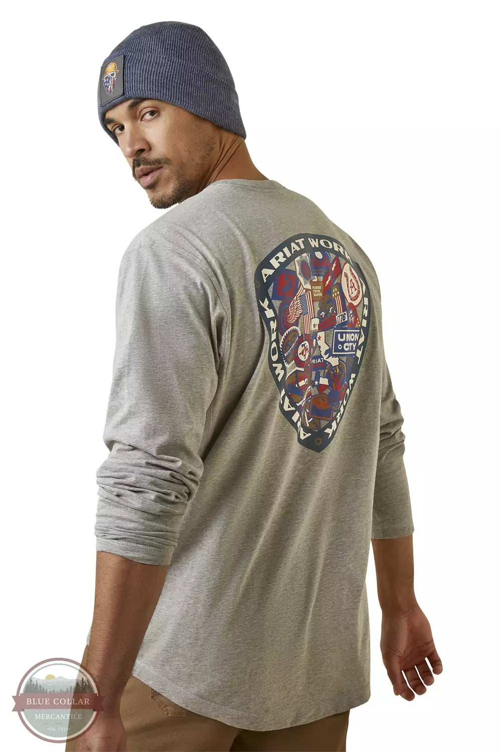  Ariat 10046351 Rebar Workman Patches Long Sleeve T-Shirt in Heather Grey Back View