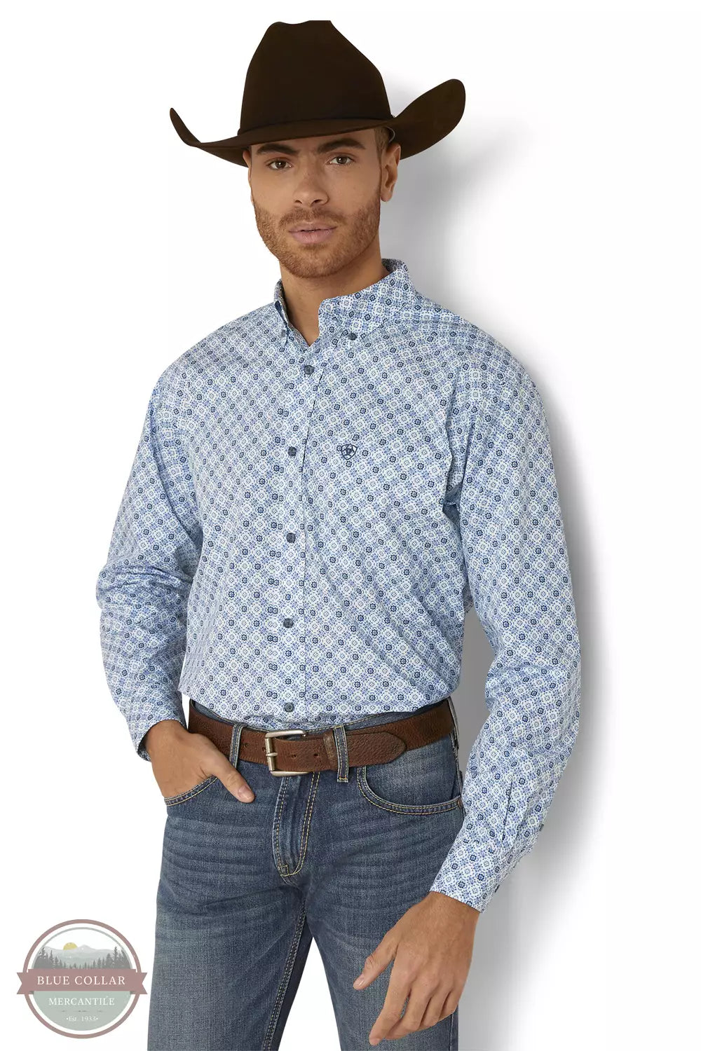 Ariat 10046576 Galt Long Sleeve Shirt in a Blue Print Front View