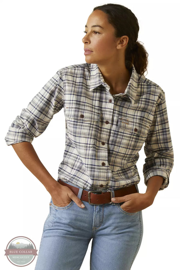 Ariat 10046647 Rebar Flannel Durastretch Long Sleeve Work Shirt in String Plaid Front View