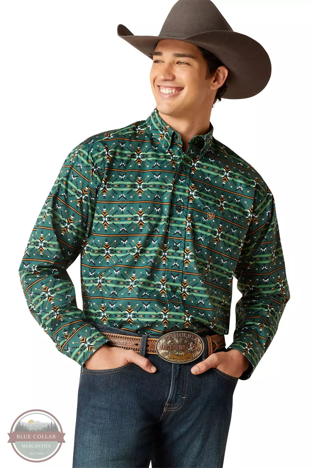 Ariat 10047187 Emmanuel Classic Fit Long Sleeve Shirt in Green Print Front View
