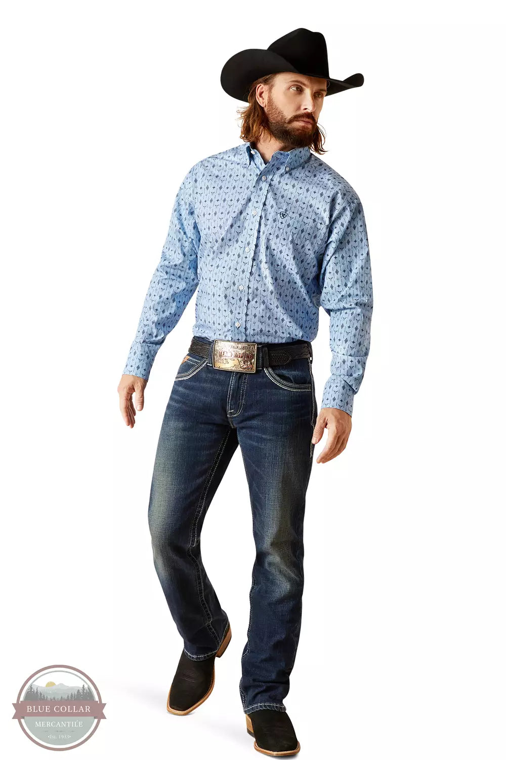 Ariat 10047204 Wrinkle Free Kyson Classic Long Sleeve Shirt in Light Blue Print Full View