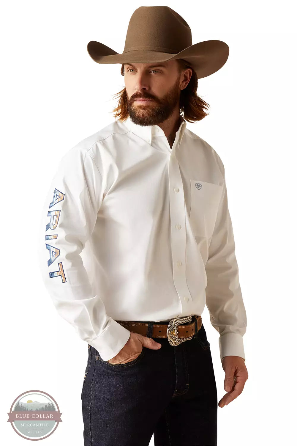 Ariat 10047242 Team Logo Twill Long Sleeve Shirt in White Front View