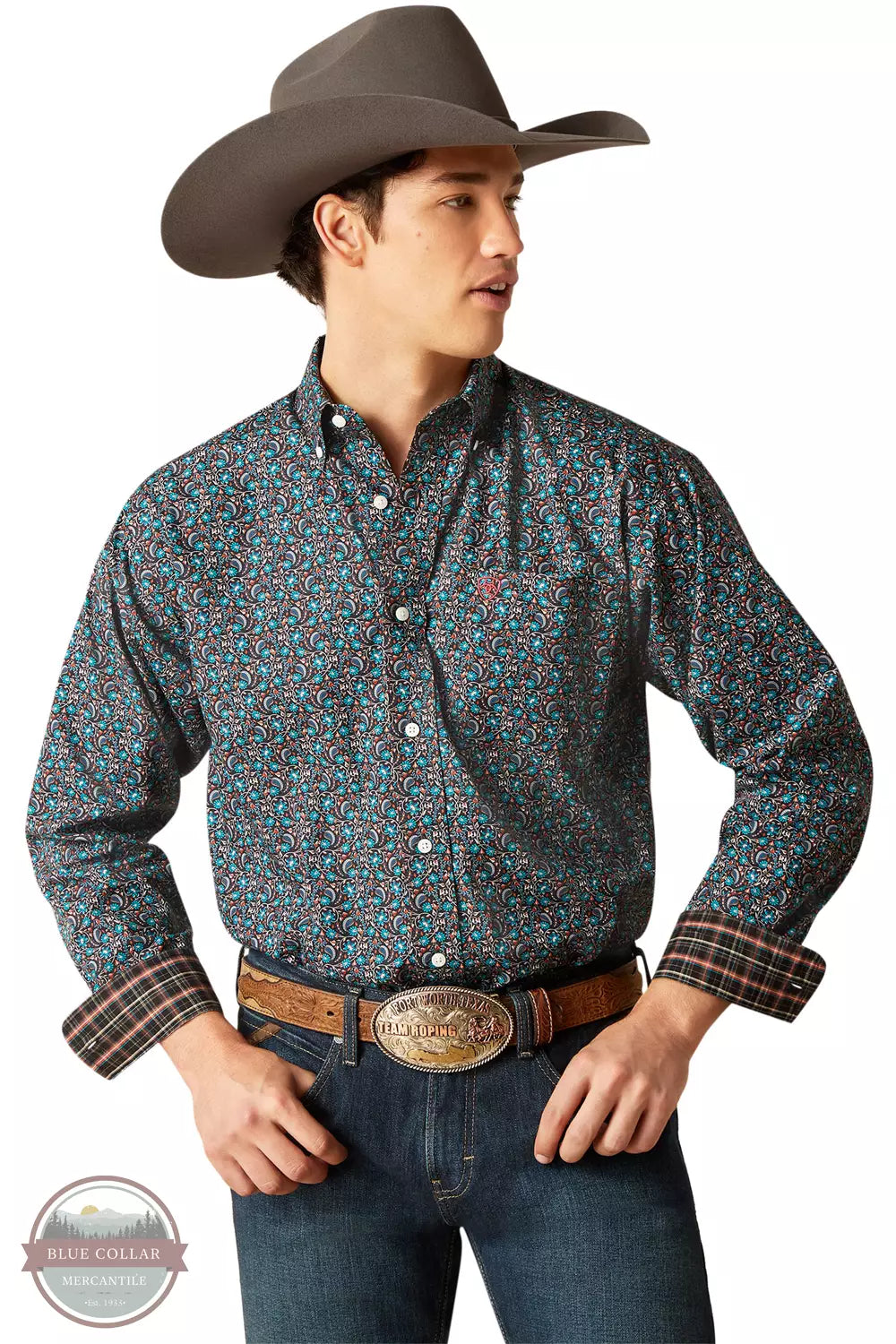  Ariat 10047342 Wrinkle Free Gryffin Classic Fit Long Sleeve Shirt in Teal Paisley Front View