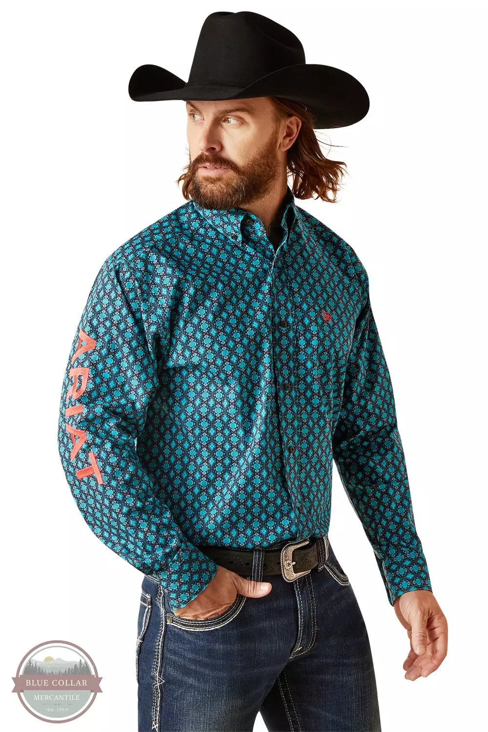 Ariat 10047349 Team Case Fitted Long Sleeve Shirt in Turquoise Geo Print Front View