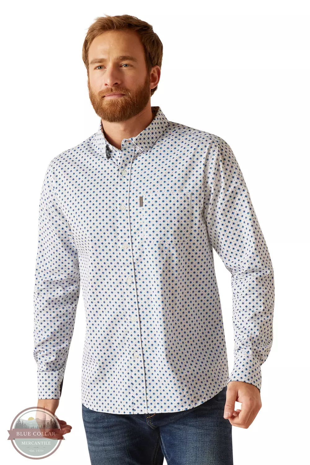 Ariat 10047419 Mac Stretch Modern Fit Long Sleeve Shirt in White Print Front View