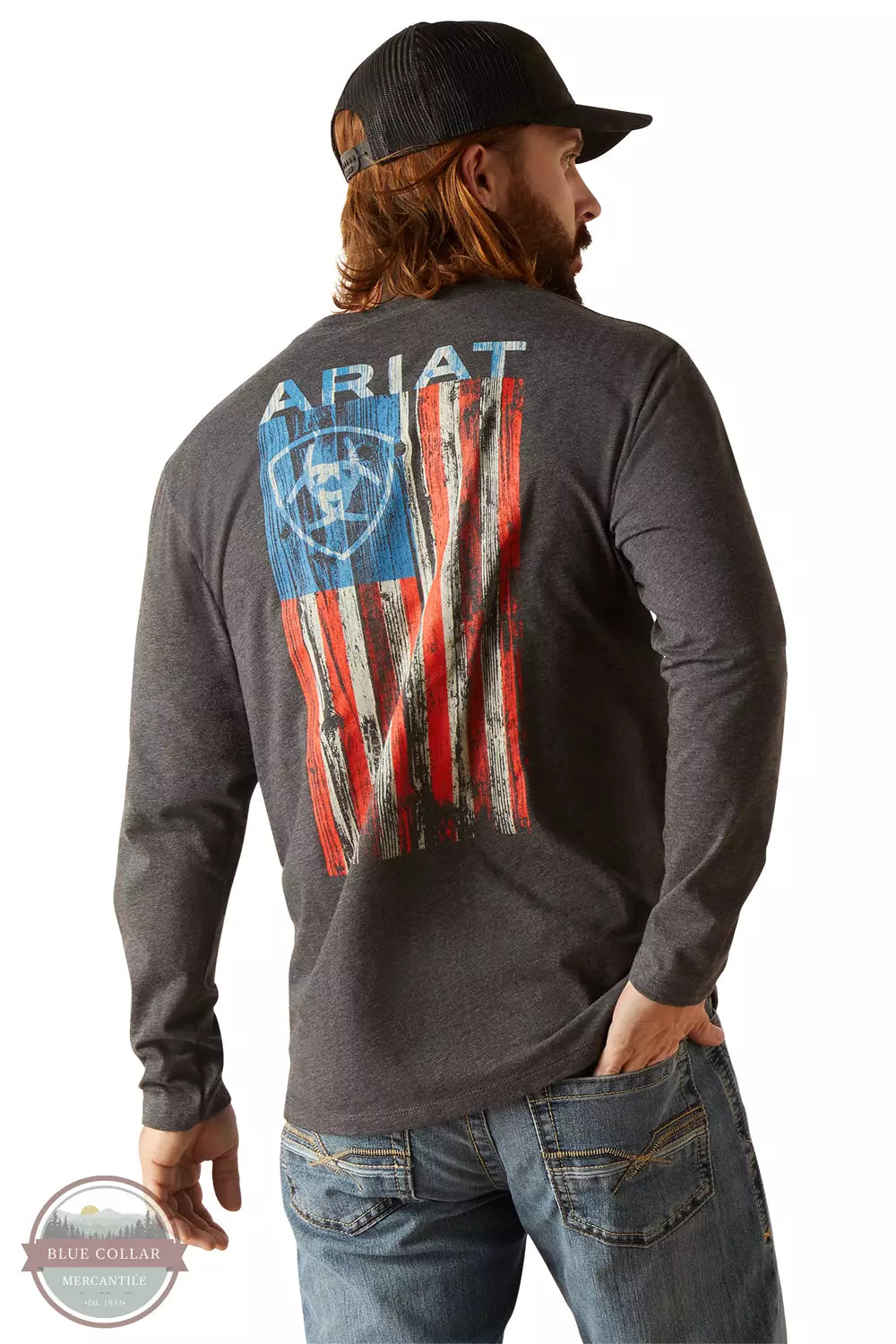 Ariat 10047929 Wooden Flag Long Sleeve T-Shirt in Charcoal Heather Back View