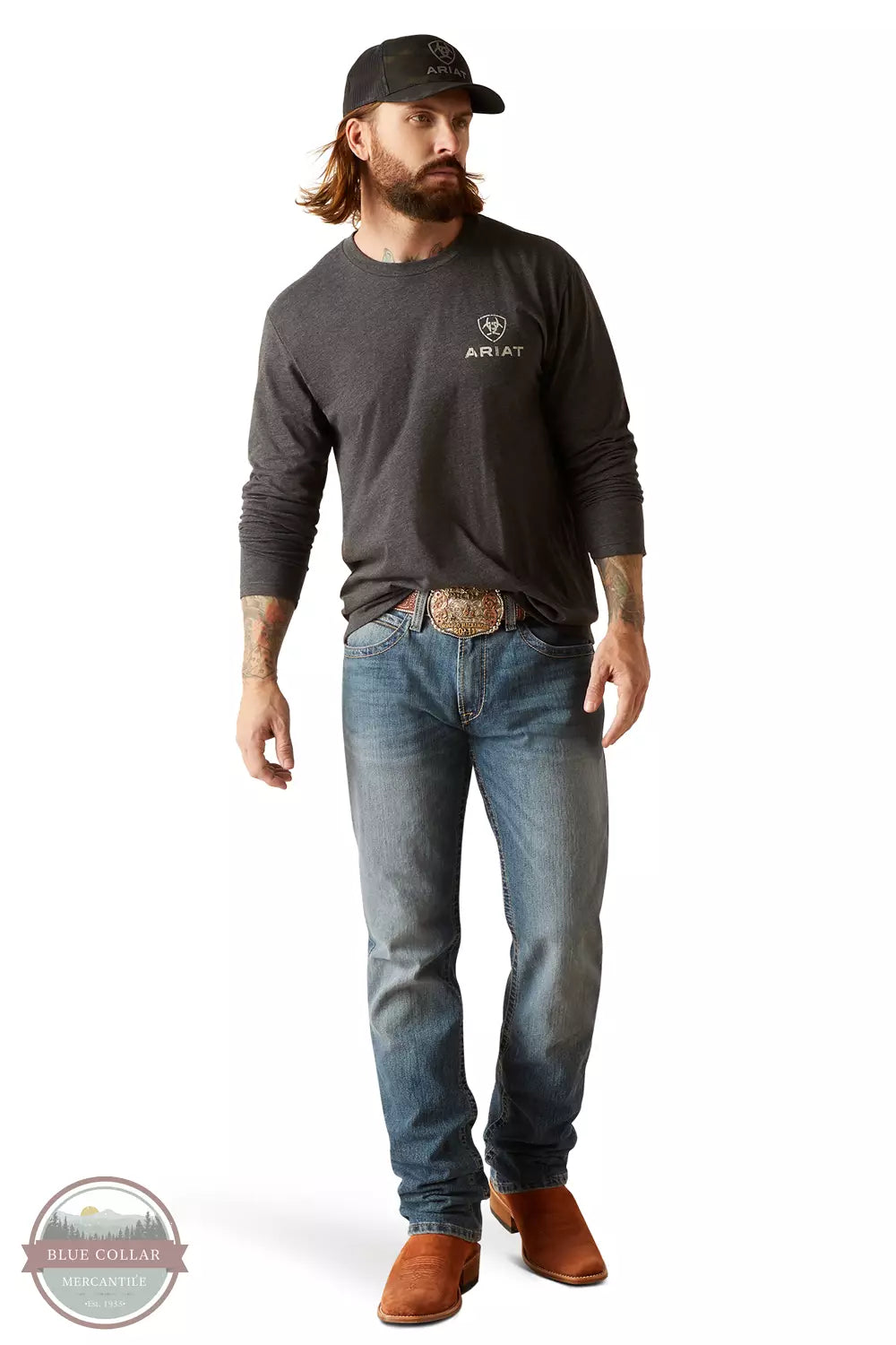 Ariat 10047929 Wooden Flag Long Sleeve T-Shirt in Charcoal Heather Full View