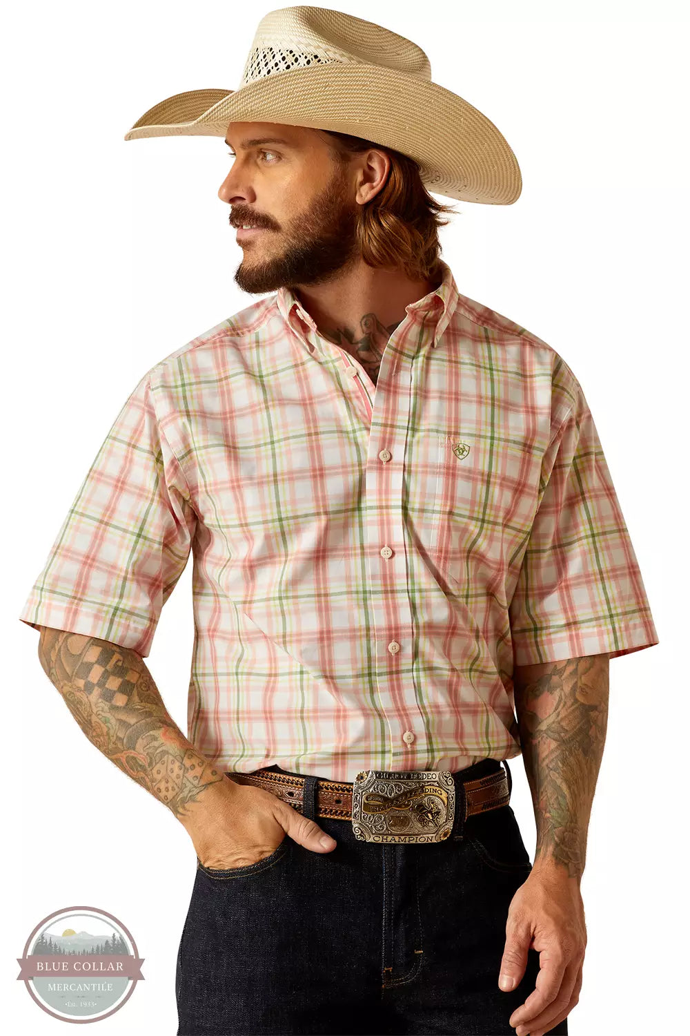 Ariat 10048359 Pro Series Truman Classic Fit Short Sleeve Shirt in Tea Rose Front View