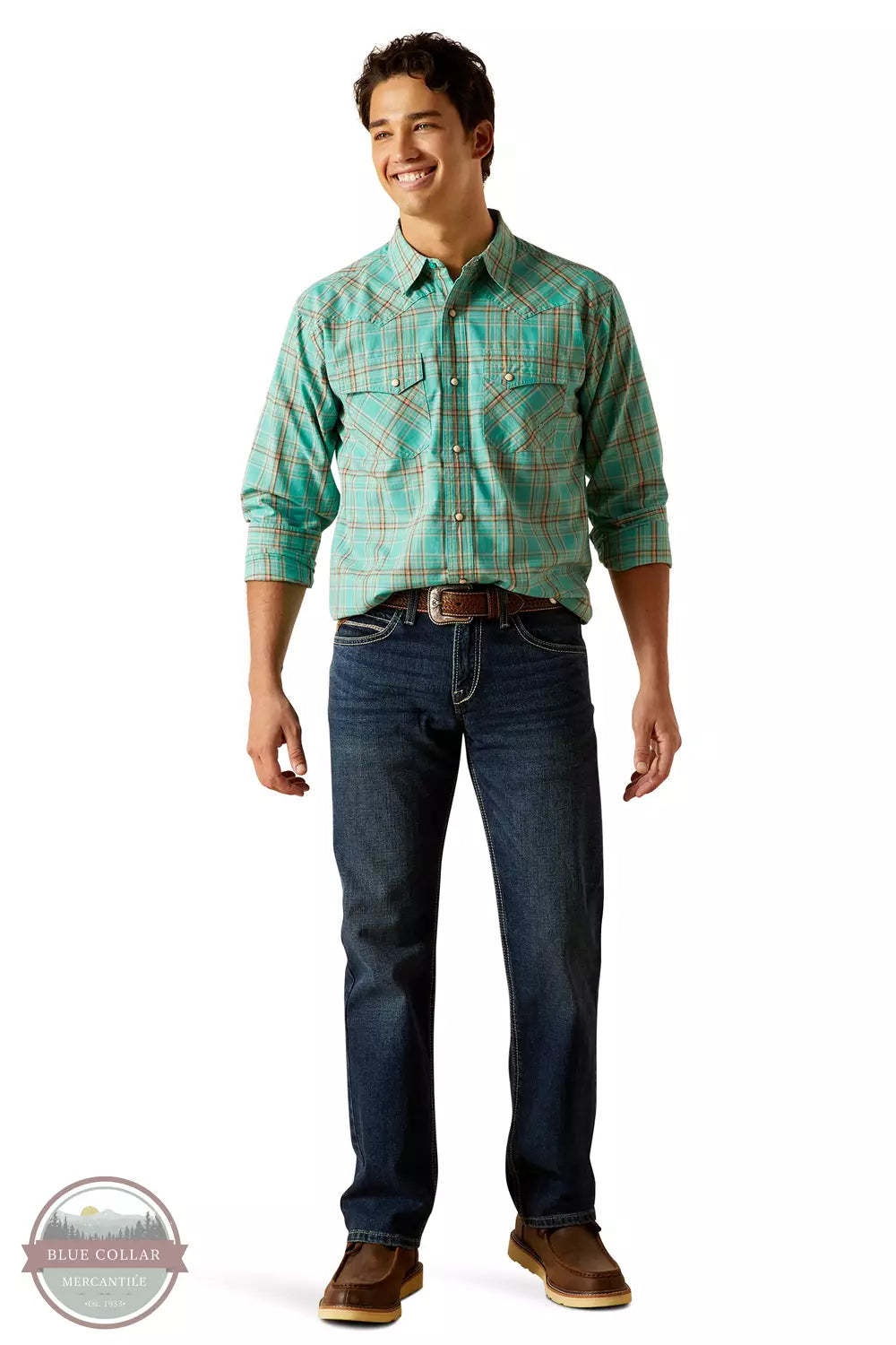 Ariat 10048496 Hudsyn Retro Fit Long Sleeve Snap Shirt in Blue Turquoise Full View