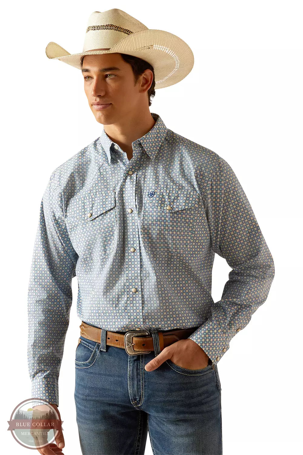 Ariat 10048501 Parks Classic Fit Long Sleeve Snap Shirt in Little Boy Blue Front View
