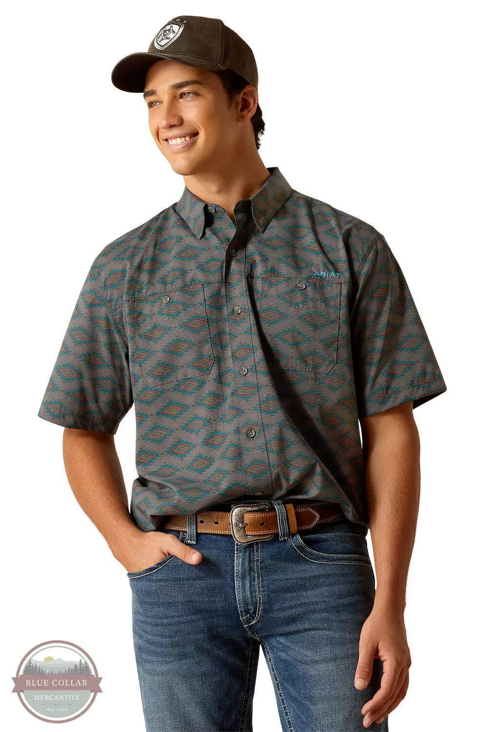 Ariat 10048568 360 Airflow Classic Fit Short Sleeve Shirt in a Gray & Teal Print Front View