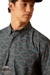 Ariat 10048568 360 Airflow Classic Fit Short Sleeve Shirt in a Gray & Teal Print Front Detail View
