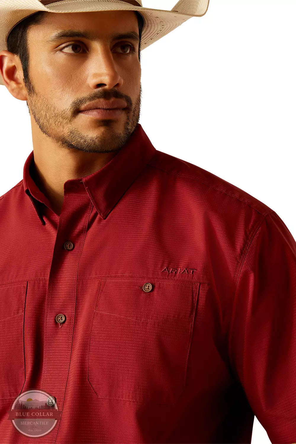 Ariat 10048569 360 Airflow Classic Fit Short Sleeve Shirt in Merlot Front Detail View