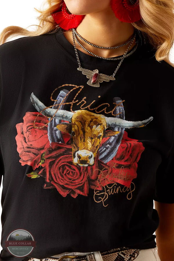 Ariat 10048670 Rodeo Quincy Steer T-Shirt in Black Front Detail View