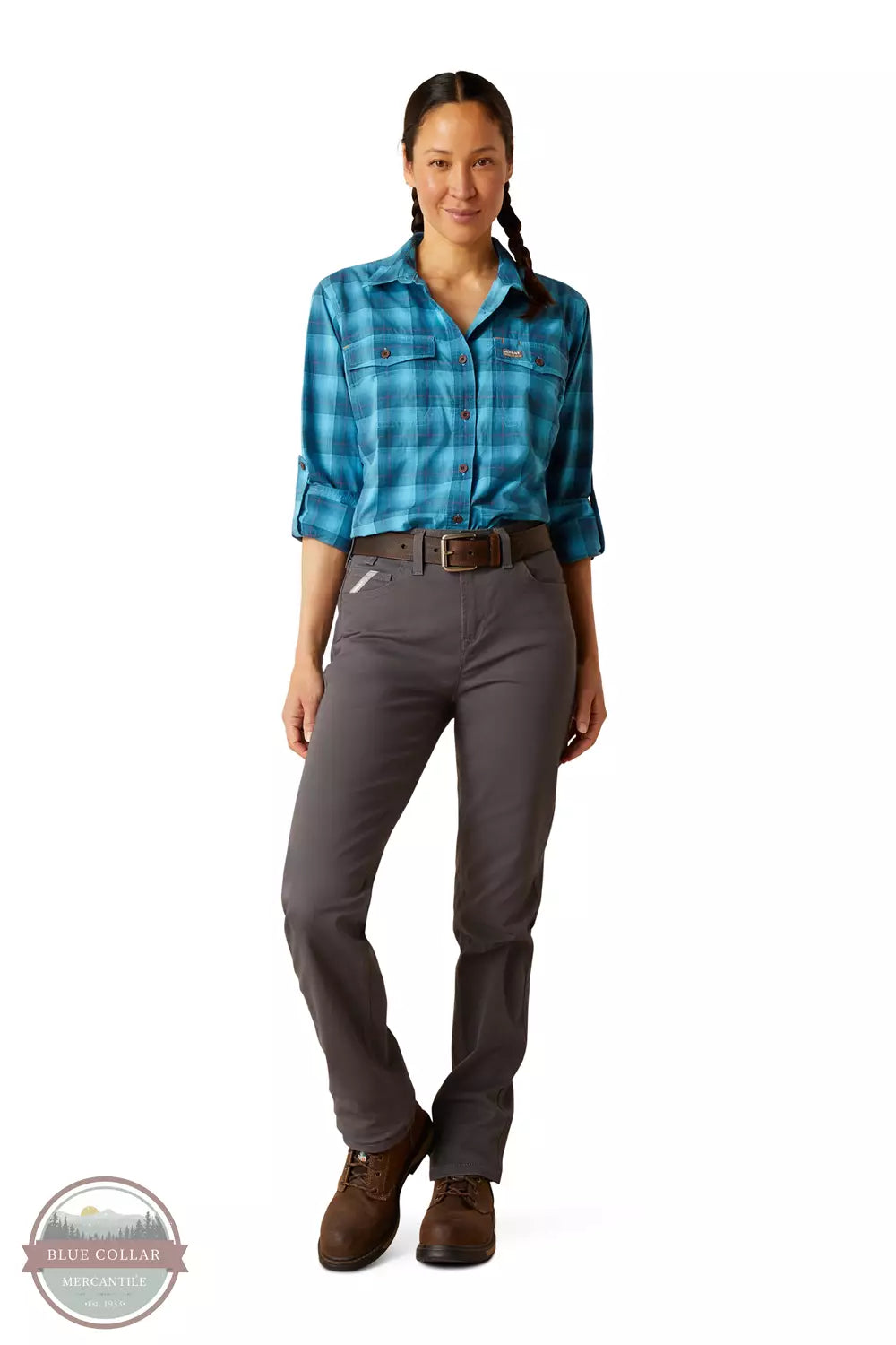 Ariat 10048715 Rebar Made Tough DuraStretch Work Shirt in Prominent Blue Plaid Full View