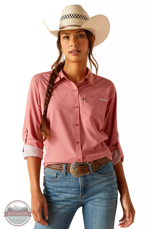 Ariat 10048858 VentTEK Stretch Long Sleeve Shirt in Faded Rose Pinstripe Front View