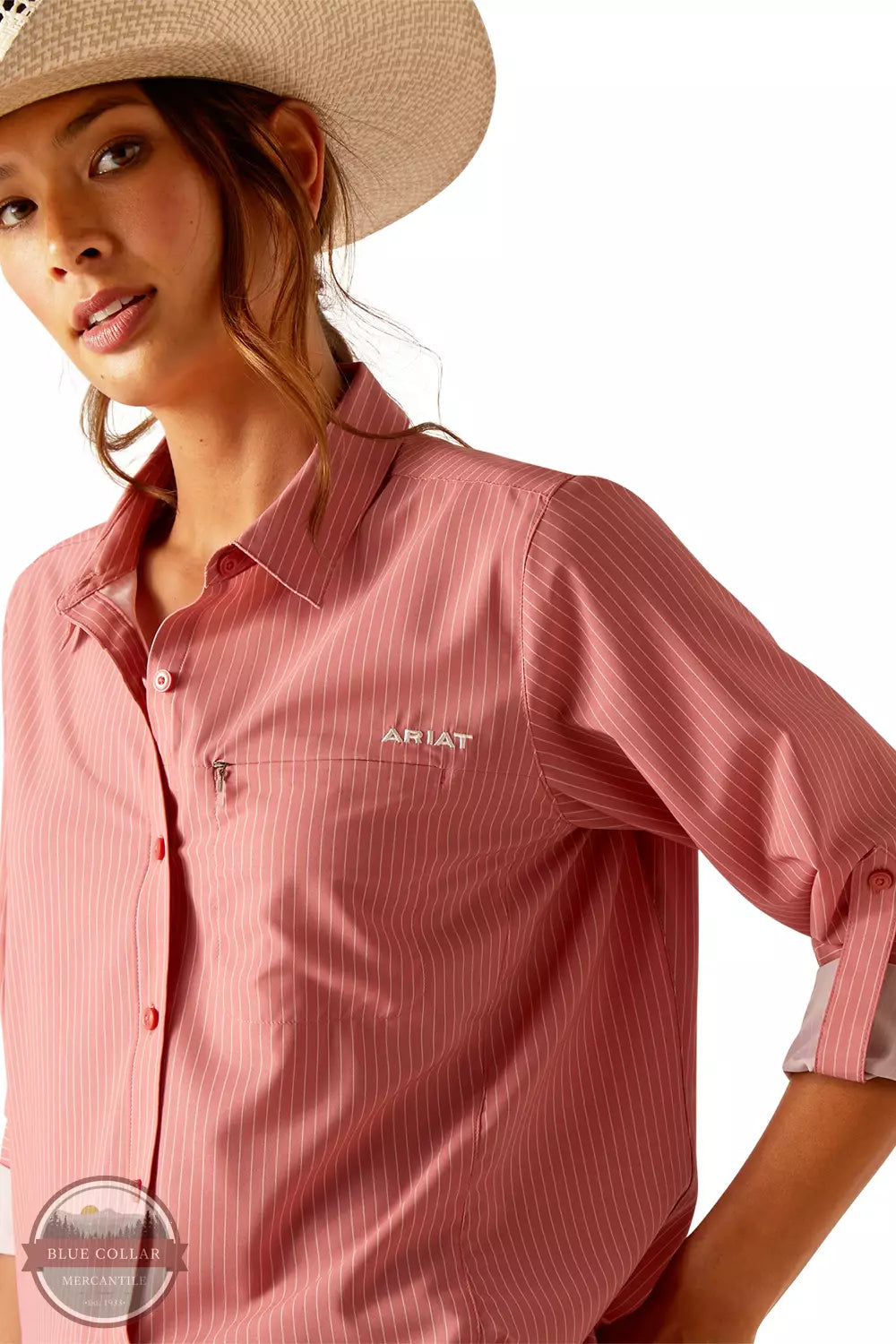 Ariat 10048858 VentTEK Stretch Long Sleeve Shirt in Faded Rose Pinstripe Front Detail View