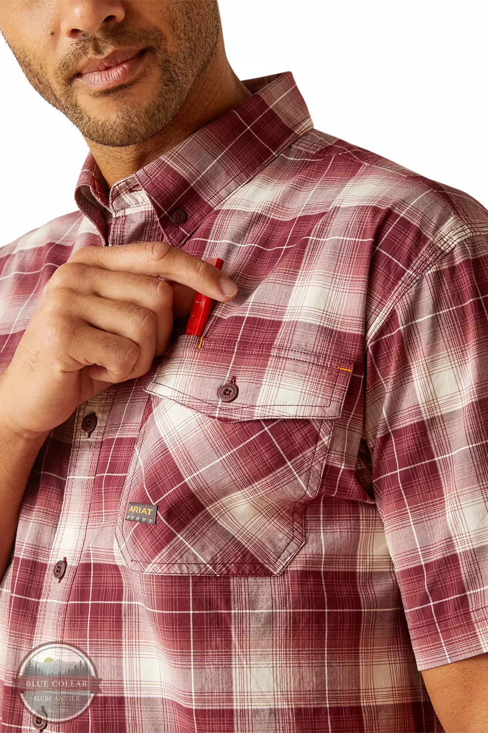 Ariat 10048892 Rebar Made Tough DuraStretch Work Shirt in Roan Rouge Plaid Front Detail View