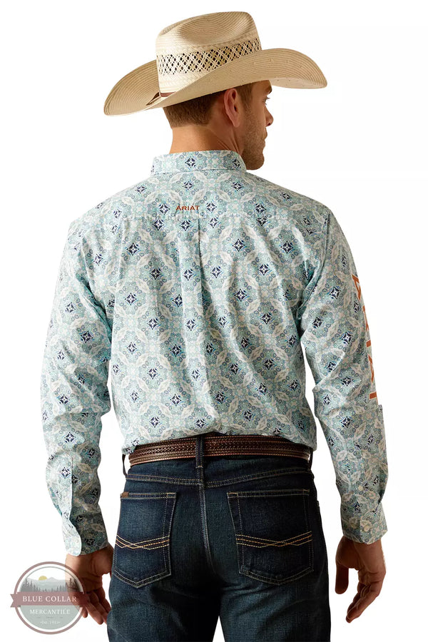 Ariat 10050533 Team Emmett Classic Fit Long Sleeve Shirt in a White & Turquoise Print Back View