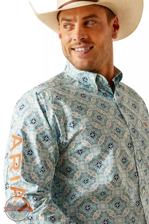 Ariat 10050533 Team Emmett Classic Fit Long Sleeve Shirt in a White & Turquoise Print Detail View