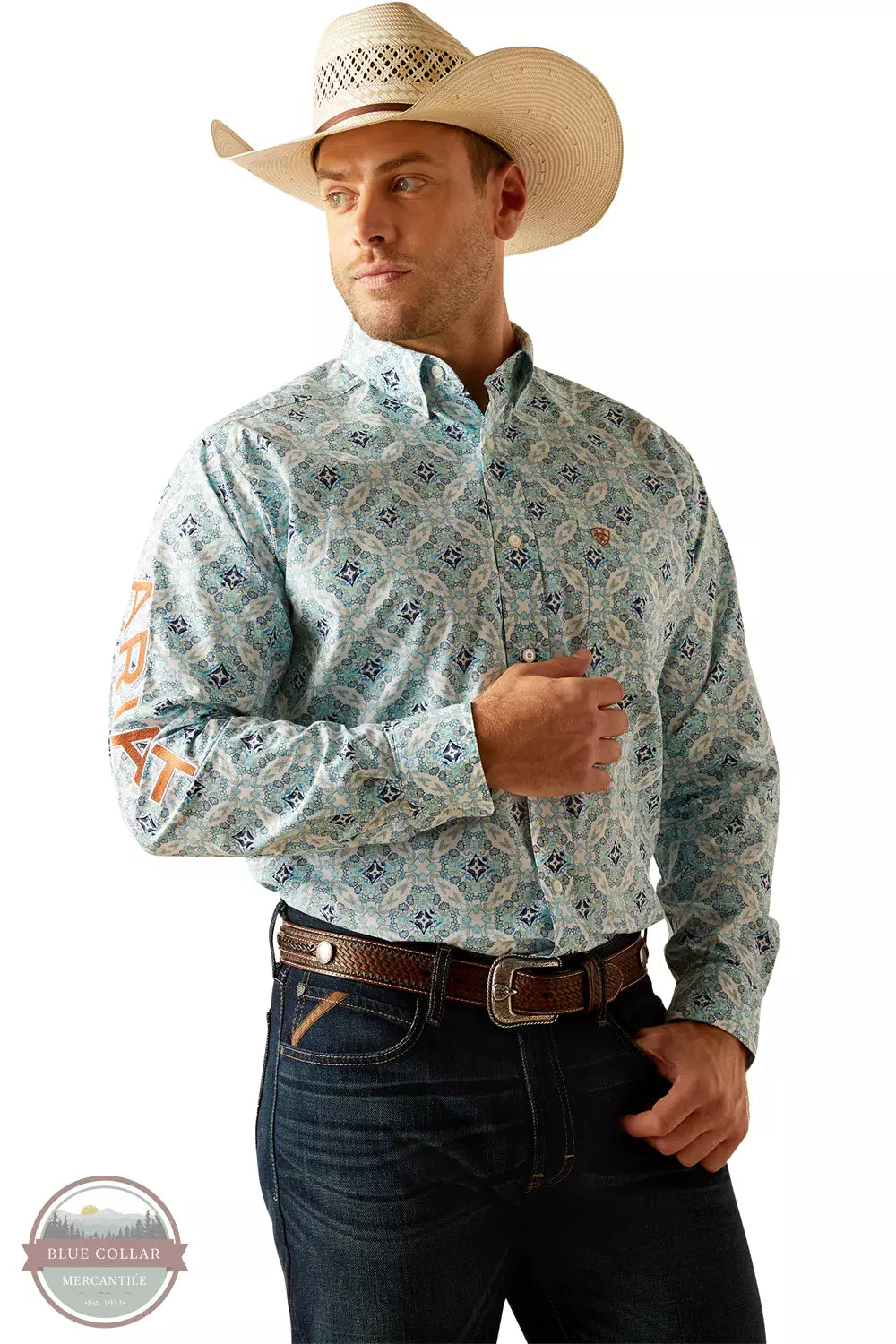 Ariat 10050533 Team Emmett Classic Fit Long Sleeve Shirt in a White & Turquoise Print Front View
