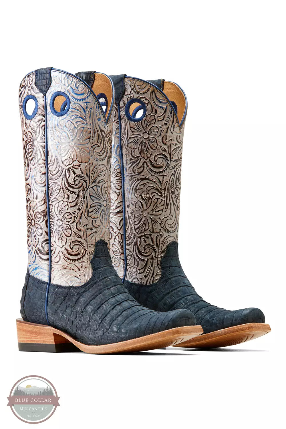 Ariat 10050966 Futurity Boon Tooled Western Boot in Navy Sueded Caiman Belly Pair Profile View