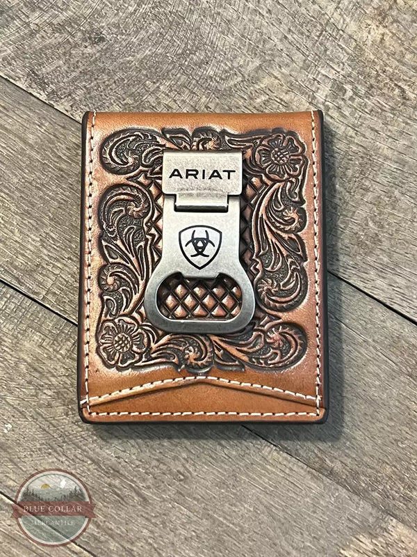 Ariat A3544408 Basket Weave Bi-Fold Wallet & Money Clip with Floral Embossing Front View
