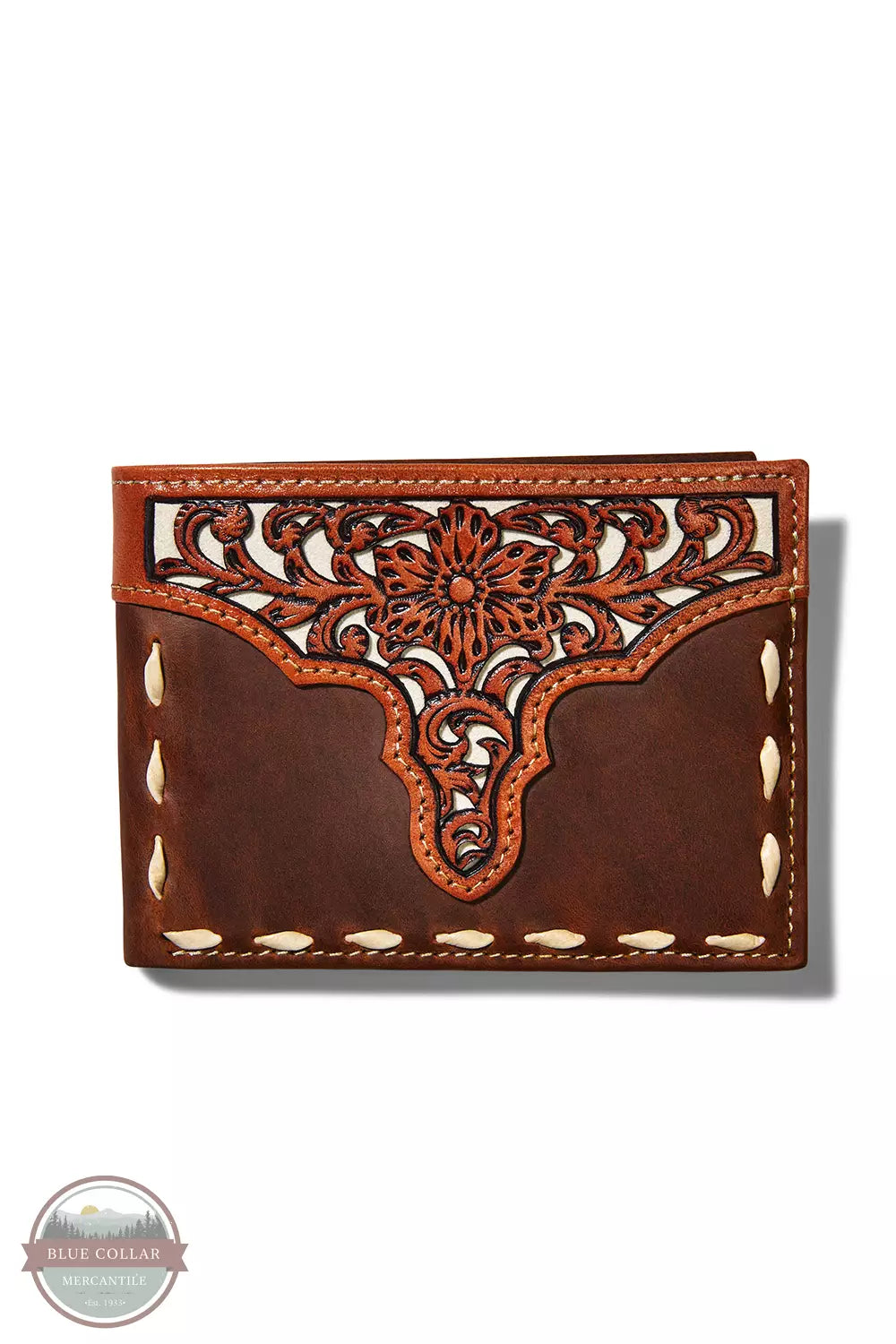 Ariat A3547344 Bi-Fold Floral Embroidery Run Stitch Wallet in Medium Brown with Removeable Passcase Front View
