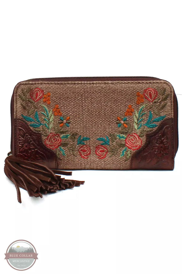 Ariat A770011002 Audrey Clutch Wallet with Floral Embroidery & Fringe in Brown Front View