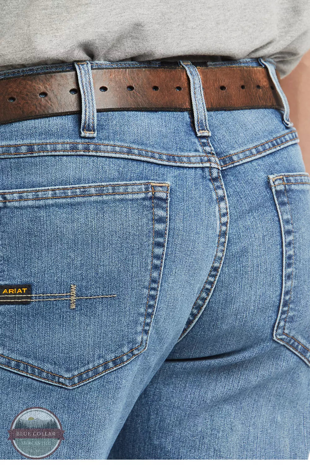Ariat 10021854 Rebar M4 Low Rise DuraStretch Basic Boot Cut Jean in Blue Haze Back Detail View