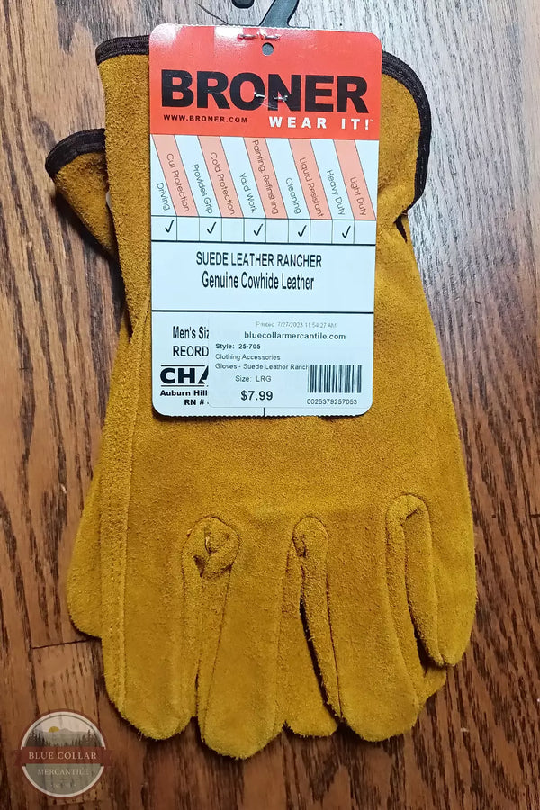  Broner 25-70 Suede Leather Rancher Gloves in Tan Package View