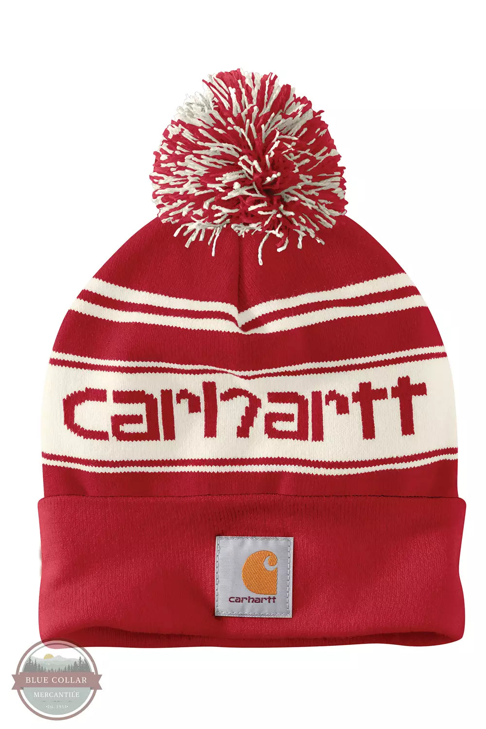 Carhartt 105168 Knit Pom-Pom Cuffed Logo Beanie Red / Winter White Marl Front View