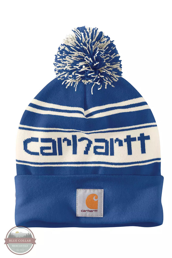 Carhartt 105168 Knit Pom-Pom Cuffed Logo Beanie Grass Blue Front View