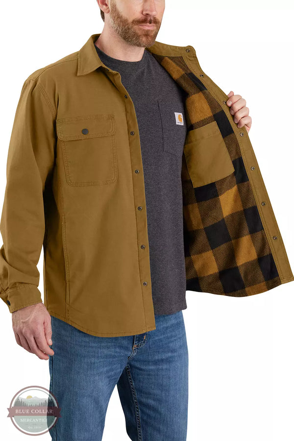Carhartt 105419 Rugged Flex® Relaxed Fit Canvas Fleece Lined Shirt Jac in B33, front with inside fleece shown