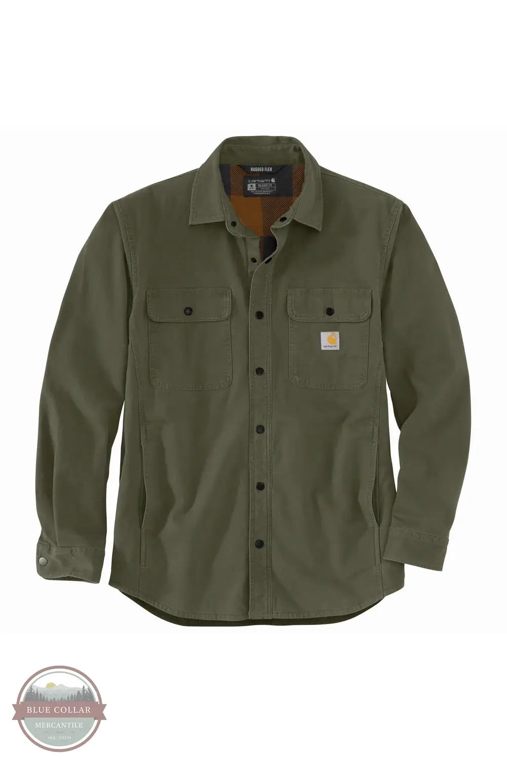 Carhartt 105419 Rugged Flex® Relaxed Fit Canvas Fleece Lined Shirt Jac in G72, front flat