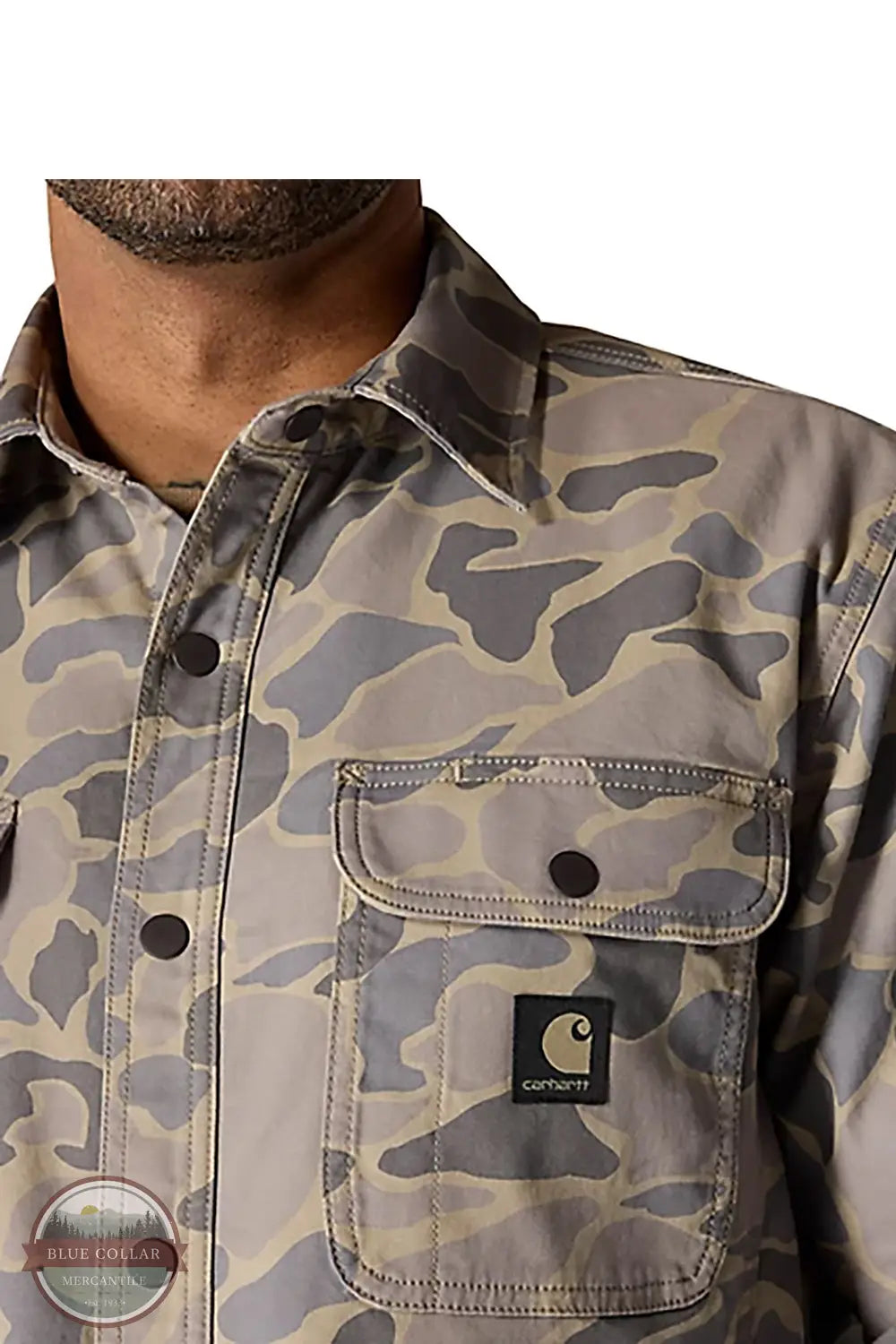 Carhartt 105419 Rugged Flex® Relaxed Fit Canvas Fleece Lined Shirt Jac in GM5, front pocket