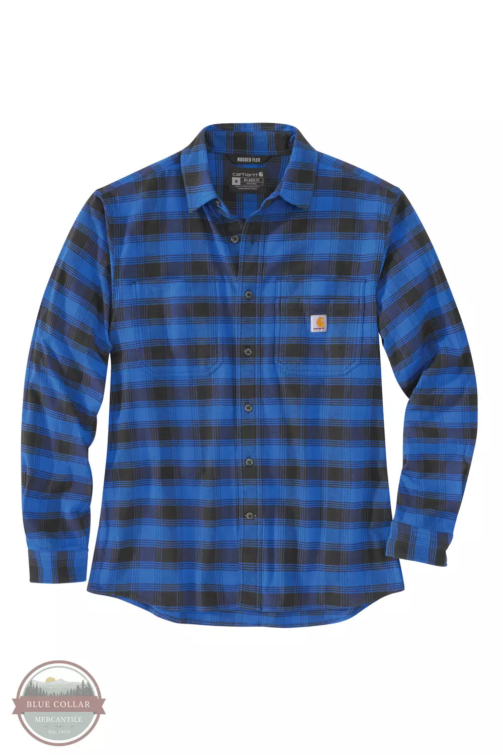 Carhartt 105945 Rugged Flex Relaxed Fit Midweight Flannel Button Down Long Sleeve Shirt in Plaid Glass Blue Front View