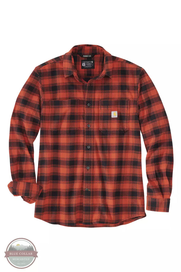 Carhartt 105945 Rugged Flex Relaxed Fit Midweight Flannel Button Down Long Sleeve Shirt in Plaid Red Ochre Front View