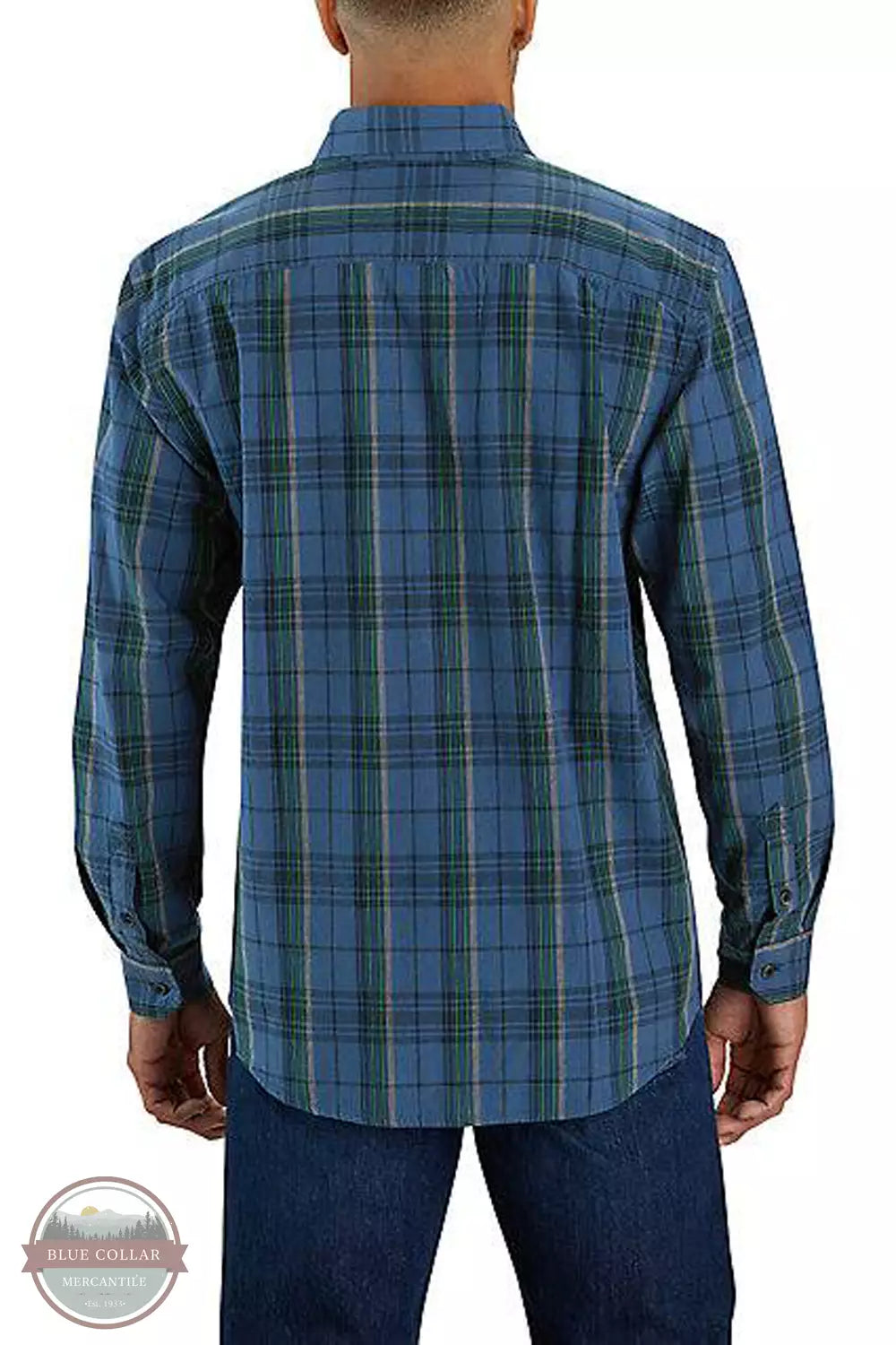 Carhartt 105946 Loose Fit Midweight Chambray Button Down Long Sleeve Shirt in Plaid Dark Blue Model Back View
